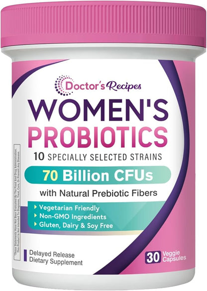 Doctor's Recipes Probiotics for Women, Organic Prebiotics and Probiotics, 70 Billion CFU, 10 Strains, Shelf Stable, 30 Capsules