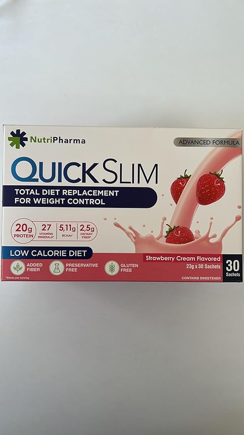 Quick Slim Meal Replacement Shake for Weight Loss, 30 Servings, Complete Meal Replacement Powder, Low Carb Diet Shakes for Women & Men, 20g Protein, 27 Vit & Min, Fiber, Gluten Free (Strawberry Cream)