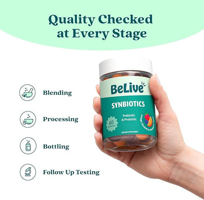 BeLive Synbiotics - Probiotic & Prebiotic Fiber Gummies – High Strength Inulin (3g), Dietary Fiber Supplement, Digestive Support for Kids & Adults - Strawberry, Orange, Blueberry Flavor | 2-Pack