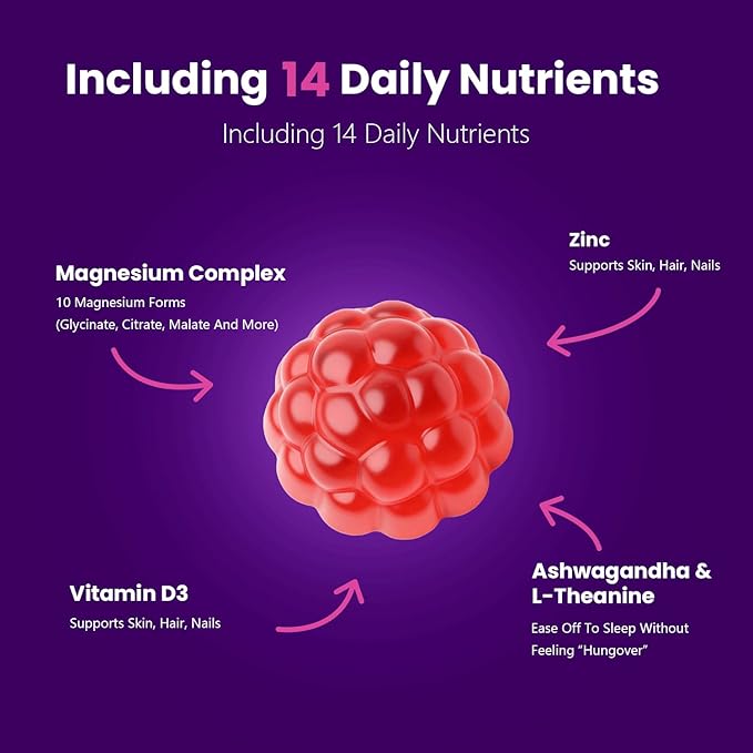 Magnesium Complex Gummies, Ashwagandha, Zinc, Vitamin D3, L-Theanine, Sugar Free 10-in-1 Magnesium with Glycinate Citrate, Malate for Sleep Muscle & Immune Support, 350mg 60-Day Supply (Mixed Berry)