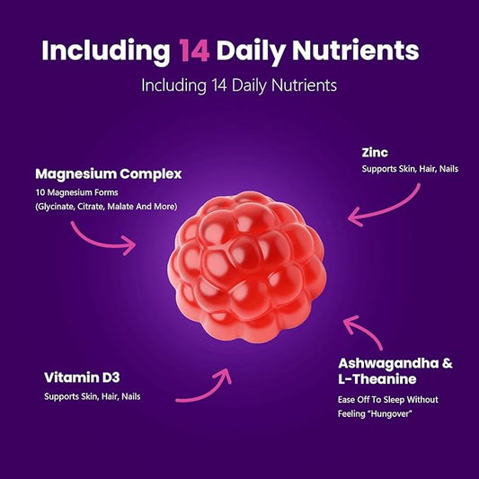 Magnesium Complex Gummies, Ashwagandha, Zinc, Vitamin D3, L-Theanine, Sugar Free 10-in-1 Magnesium with Glycinate Citrate, Malate for Sleep Muscle & Immune Support, 350mg 60-Day Supply (Mixed Berry)