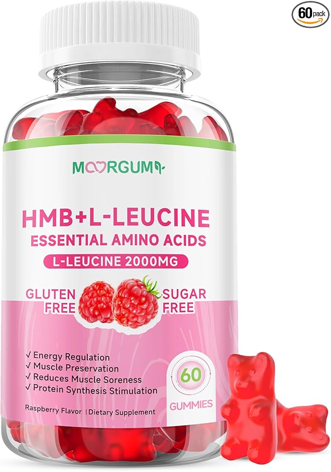 HMB & L-Leucine Gummies with Calcium, Amino Acid Supplement, L Leucine Supplements for Men & Women, Raspberry Flavor, 60 Count