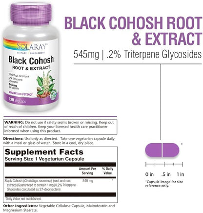 SOLARAY Black Cohosh Root Supplement for Women - Menopause Support, Vegan Capsules, Black Cohosh Herb, 545 mg per Serving, Phytoestrogen Properties, 0.2% Triterpene Glycosides - 120 Veg Cap Count