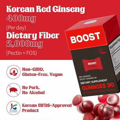 dr.blet Red Ginseng Boost Gummies – Daily Energy & Immune Support, Strawberry-Flavored Vegan Gummies with 6-Year Korean Red Ginseng, Caffeine-Free, No Added Sugar – 30 Count