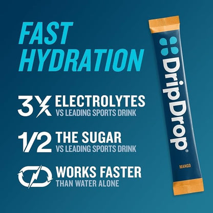 DripDrop Hydration Packets - Tropical Variety Pack - Single Serve Electrolytes Powder Drink Mix - Mango, Açaí, Passion Fruit, Piña Colada - Non-GMO, Gluten Free, Vegan - 16 Sticks
