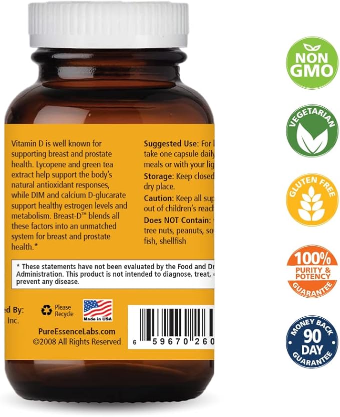 Breast D by Pure Essence - Natural Supplement for Estrogen Balance, Hormonal Acne, and Menopause Support with Vitamin D3, Calcium, Green Tea & Lycopene - 90 Capsules