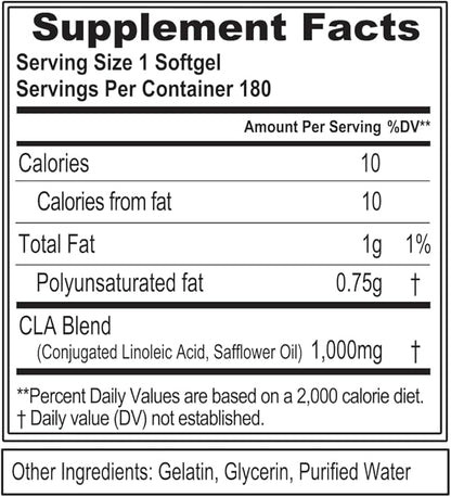 Conjugated Linoleic Acid CLA Pills - CLA 1000mg Diet Pills to Support Weight Loss Fat Burning Lean Muscle and Faster Metabolism - Stimulant-Free CLA 1000mg Safflower Based Fat Loss Support Pills - 180
