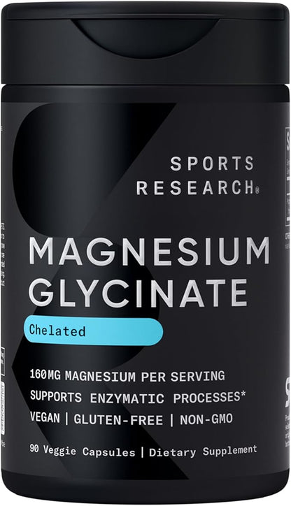 Sports Research® Magnesium Glycinate - Supports Restful Sleep & Enzymatic Processes - 160 mg Chelated Magnesium - Vegan Capsule - 90 Count