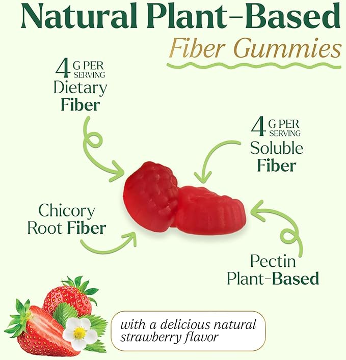 Prebiotic Fiber Gummies - 4g Dietary Fiber Per Serving - Extra Strength Daily Supplement for Adults - Tasty Strawberry Flavor - Plant Based Digestive and Regularity Support - 60 Gummies