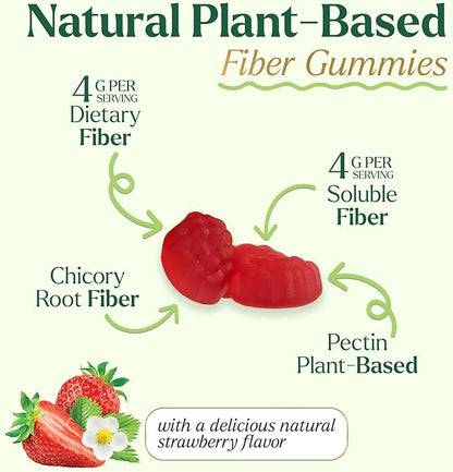 Prebiotic Fiber Gummies - 4g Dietary Fiber Per Serving - Extra Strength Daily Supplement for Adults - Tasty Strawberry Flavor - Plant Based Digestive and Regularity Support - 60 Gummies