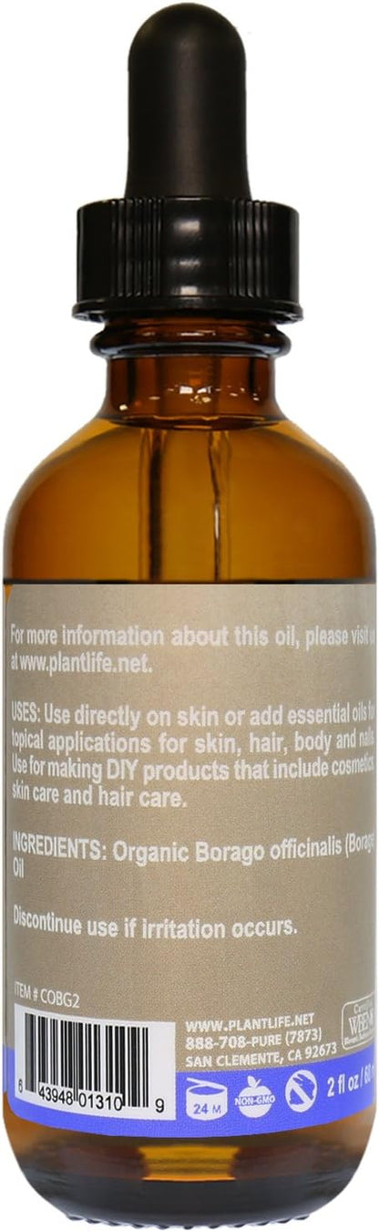 Plantlife Borage Seed Carrier Oil - Cold Pressed, Non-GMO, and Gluten Free Carrier Oils - for Skin, Hair, and Personal Care - 2 oz