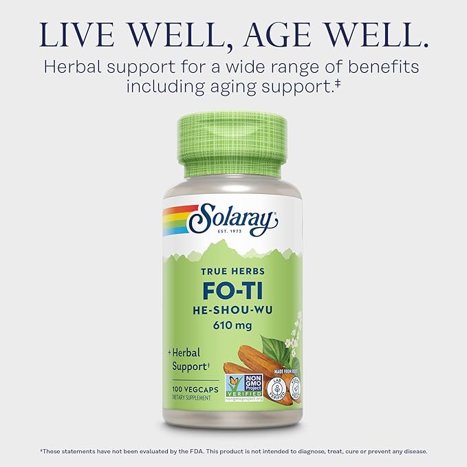 SOLARAY Fo-Ti Capsules - Chinese Herbal Supplement for Men & Women, Support for Herbal Wellness, Vegan, Non GMO, & Lab Verified, 610 mg - 100 Servings, 100 Veg Caps