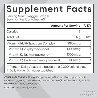 Sports Research Vitamin K Multi-Spectrum - Three Types of Vitamin K: K1, K2 MK-4 & K2 MK-7 - Vegan Friendly, Plantgel Capsule - 60 softgels
