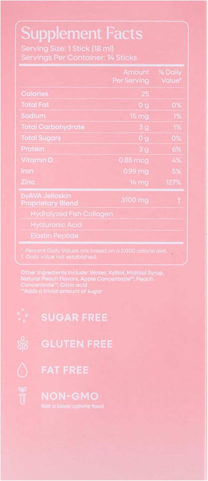 byAVA Jelloskin Skin Barrier Collagen Booster- Liquid Marine Collagen + Hyaluronic Acid + Elastin Peptides Supplements - Hair Skin and Nails | Hydrolyzed Fish Collagen for Women |Peach Flavor