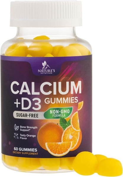 Calcium Supplement Gummies - Sugar Free Calcium Gummy with Vitamin D3 for Best Absorption - Supports Immune Health, Bones & Teeth - Nature's Calcium Chews for Women & Men - Orange Flavor - 60 Gummies