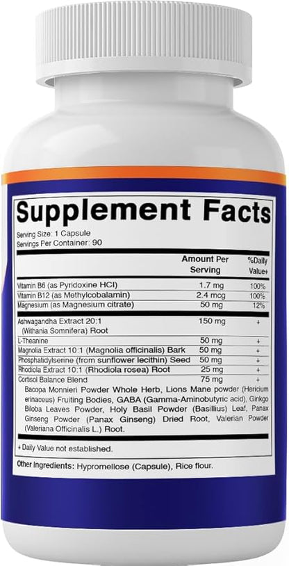 Vitamatic Cortisol Health Support - 90 Veggie Capsules - Made with Adaptogenic Blend with Ashwagandha, Rhodiola, Magnolia, L-Theanine, Phosphatidylserine (Pack of 2)