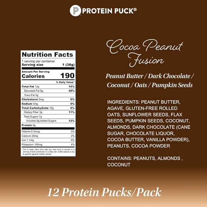 Protein Puck Vegan Plant based Protein Bar – Natural Healthy Snack Bars, 12 Count, 1.34oz Mini, Gluten Free, Dairy Free, No GMO, Kosher – Cocoa Peanut Fusion - Chocolate, Peanut Butter, Sport Nutrition