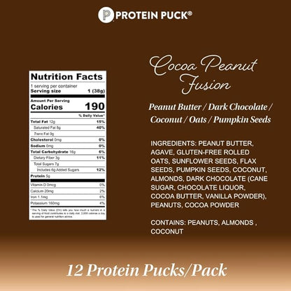 Protein Puck Vegan Plant based Protein Bar – Natural Healthy Snack Bars, 12 Count, 1.34oz Mini, Gluten Free, Dairy Free, No GMO, Kosher – Cocoa Peanut Fusion - Chocolate, Peanut Butter, Sport Nutrition