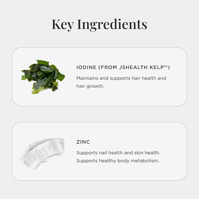 JSHealth Hair Growth Vitamins for Women. Hair + Energy with Kelp Iodine and Zinc. Supports Thickness, Strength, Energy. Nutritionist-Formulated (60 Capsules)