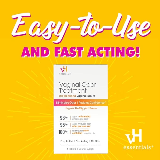 vH essentials Vaginal Odor Treatment - pH Balanced Vaginal Suppositories - 6 Tablets With Applicator, White