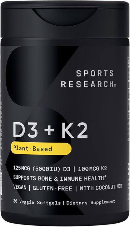 Sports Research® Vitamin D3 + K2 w/Coconut Oil - Vegan Vitamin D 5000iu (125mcg) & Mk7 Vitamin K 100mcg for Bone & Immune Support - Vegan Certified · Non-GMO · Soy Free - 30 Softgels