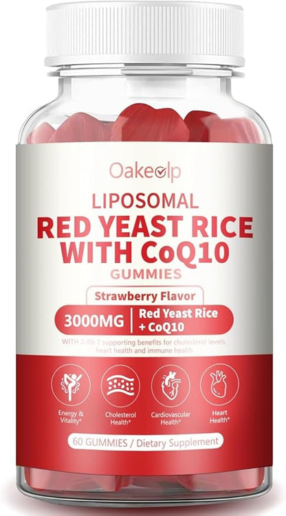 30 Day Supply Liposomal Red Yeast Rice with Coq 10 3000mg Gummies,Organic Red Yeast Rice Cholesterol Lowering Supplements, Enhanced with Coq 10 for Heart Support,Liposomal Enhance 98% Absorption