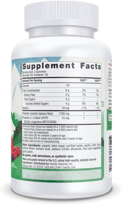Nordic Naturals Kids Nordic Flora Probiotic Gummies, Merry Berry Punch - 60 Gummies - 1.5 Billion CFU & Prebiotic Fiber - Non-GMO, Vegan - 30 Servings