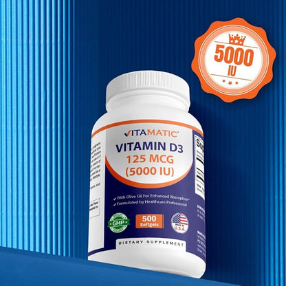 Vitamatic Vitamin D3 5000 IU (125 mcg) – 500 Mini Softgels Olive Oil-Based Formula – Cold-Pressed – 500-Day Supply – Supports Bone, Muscle & Immune Health – Non-GMO & Gluten-Free