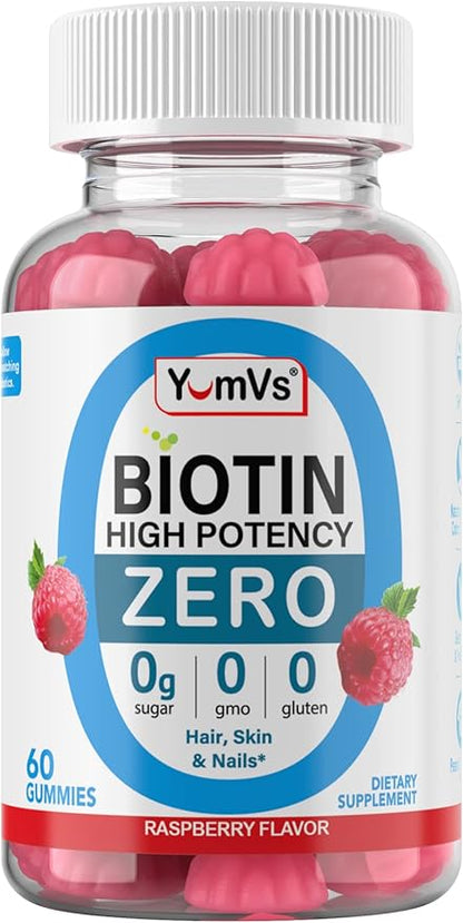Biotin Gummies Sugar Free – 5,000 mcg High Potency Biotin for Hair, Skin & Nails – Zero Sugar, Non-GMO, Gluten Free, Vegan Raspberry Gummies – 60 Count