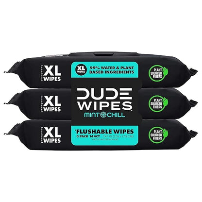 DUDE Wipes Mint Chill Flushable Wipes - Extra-Large Adult Wet Wipes - 3 Pack (144 Count) - Infused with Tea Tree Oil, Vitamin E, and Aloe - Septic and Sewer Safe