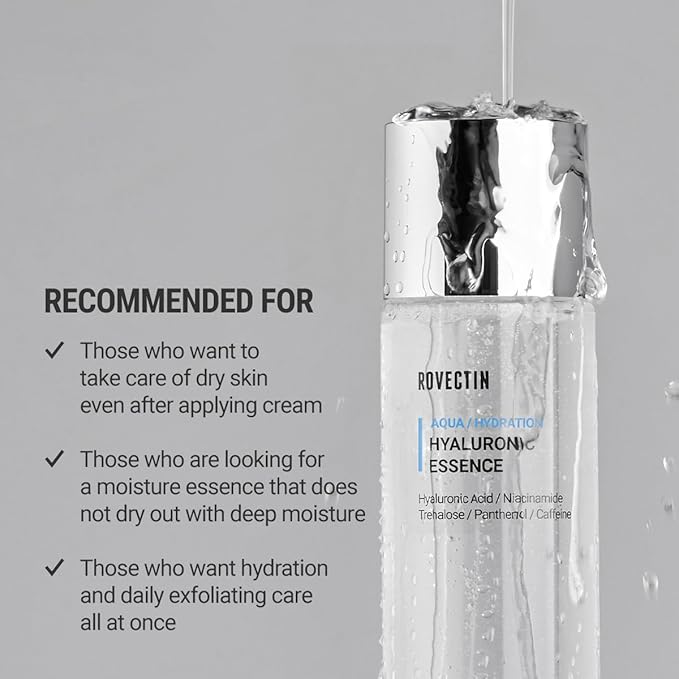 ROVECTIN Aqua Hyaluronic Essence for Sensitive Skin | 100% Vegan-Cruelty Free Korean Skincare | Anti-Aging, Deep Hydration Toner with Niacinamide & 7 Layers of Hyaluronic Acid | 6.08 fl oz (180ml)