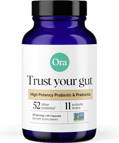 Ora Organic Probiotics with Prebiotics - 52 Billion CFU 11 Clinically Studied Strains for Digestive Health, Trust Your Gut, Gluten Free, 60 Capsules