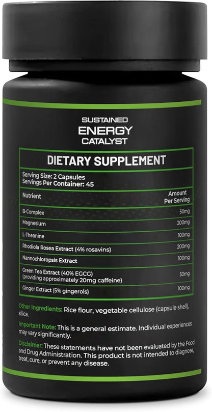 Sustained Energy Catalyst – Vegan Supplement with Magnesium, B-Complex, L-Theanine, Rhodiola, Green Tea & Marine Phytoplankton – for Energy, Focus, and Mental Balance – 90 Capsules