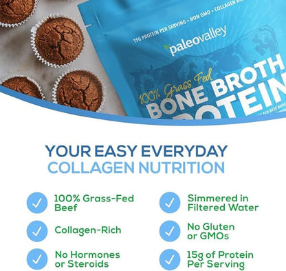 Paleovalley 100% Grass Fed Beef Bone Broth Protein Powder - Rich in Collagen Peptides for Hair, Skin, Gut Health, Bone and Joint Support - 13g Protein Per Serving - No Gluten or GMOs - Vanilla