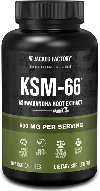 Jacked Factory Ashwagandha Root Extract (KSM-66 Ashwagandha) w/ 5% Withanolides - Supplement for Natural Stress Relief, Cognitive Function, Vitality, and Mood Support - 60 Veggie Capsules
