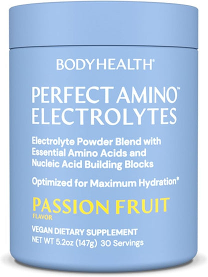 BodyHealth PerfectAmino Electrolytes Powder No Sugar, Hydration Fasting Keto Zero Sugar Electrolytes Drink Mix with Trace Minerals - Passion Fruit - 30 Servings