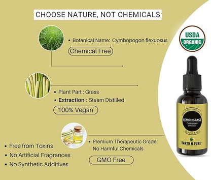 Earth N Pure Lemongrass Essential Oil | Steam Distilled | for Home Diffuser, Skin & Hair Care | with Glass Dropper - 50 ML