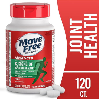 Move Free Advanced Glucosamine Chondroitin MSM Joint Support Supplement, Supports Mobility, Comfort, Strength, Flexibility & Bone, 120 Tablets/40 Servings (2 Pack)
