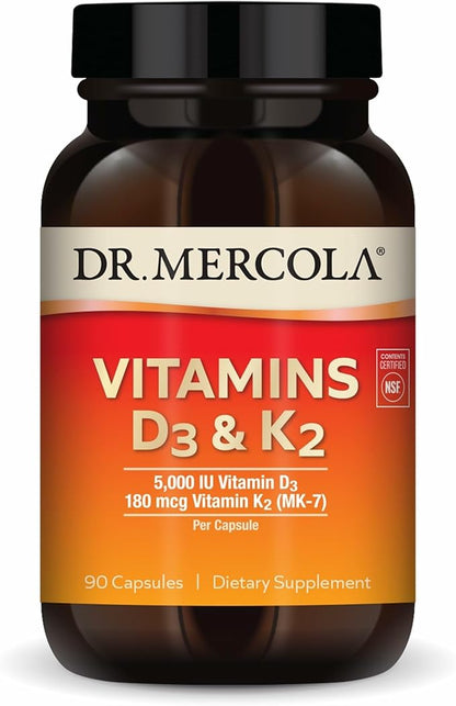 Dr. Mercola Vitamins D3 & K2 - Supports Immune, Brain, Cardiovascular, Respiratory & Bone Health - GMO-Free, Gluten-Free & Soy-Free - 90 Capsules (90 Servings)