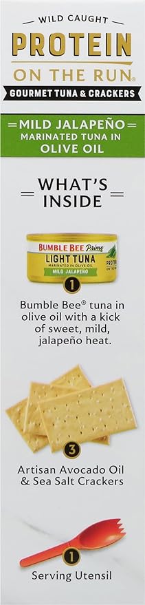 Bumble Bee Prime Protein on the Run Tuna Snack Kit, Pack of 12 - Gourmet Tuna Marinated in Olive Oil & Mild Jalapeno with Crackers and Serving Utensil - 20g of Protein Per Serving, Easy Open Can