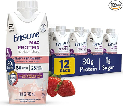 Ensure Max Protein Shake | Creamy Strawberry | Ready to Drink | 30g Protein for Muscle Health | 1g Sugar, 4g Fiber | 11 fl oz Bottle, 12 Pack