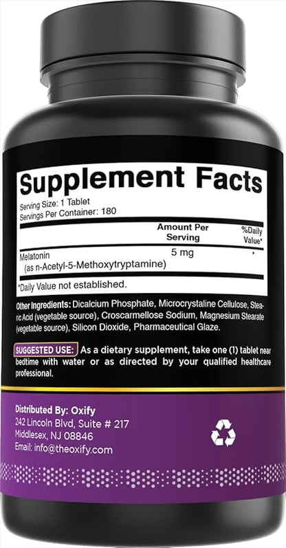 Oxify Melatonin 5 mg | 180 Tablets | Gluten-Free, Non-GMO | Supplement Made in USA