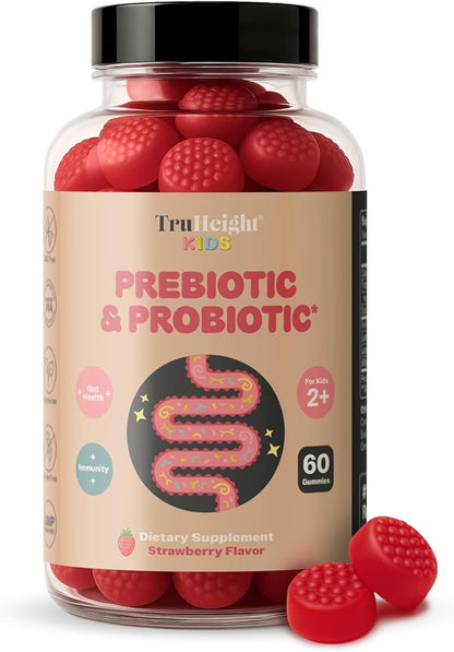TruHeight Kids Prebiotic & Probiotic Gummies Ages 2+ (Strawberry Flavor) Toddlers & Kids All Natural Gut Health, Digestive Enzymes, Stomache Ache, Constipation Relief Supplement - Pediatric Vitamins