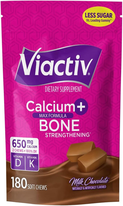 Viactiv Calcium + Vitamin D Supplement Soft Chews for Women & Men - Chewable Calcium for Bone Health Support, 650 mg per Serving, Vitamin D & K for High Absorption - 180 Count, Milk Chocolate