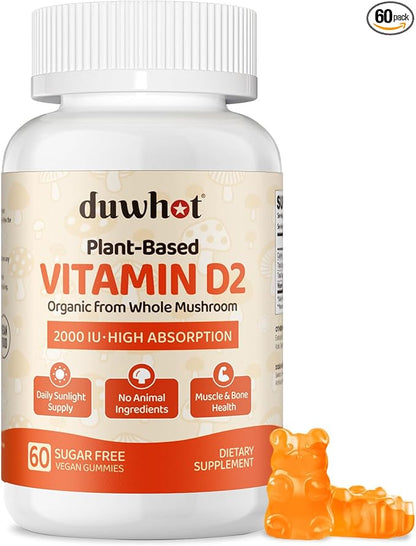 duwhot Vitamin D2 Gummies 2000 IU, Plant-Based Vitamin D Supplement from Whole Mushroom, for Bone, Muscle & Immune Support, Daily Sunshine Supply, Vegan, Non-GMO, Orange, 60 Chews