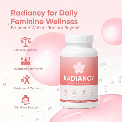 Radiancy Probiotic for Women Vaginal Health - Vaginal Dryness & Ph Balance with Lactobacillus Strains, Cherry Blossom Extract, Hyaluronic Acid, Vitamin C | 120 Count