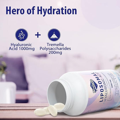 Liposomal Hyaluronic Acid Supplements 1000mg-High Bioavailable Dietary Hyaluronic Acid Capsules with Tremella Polysaccharides,Double Strength Skin Hydration,Joint Lubrication,1Pack