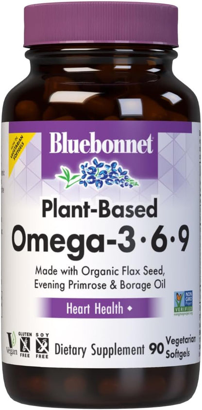 Bluebonnet Nutrition Plant Based Omega 3-6-9-1000 mg – for Heart Health* – Highly Absorbable Cold Pressed Oil – Non-GMO Project Verified, Vegan – Free of Gluten, Soy & Milk - 90 Softgels, 90 Serving