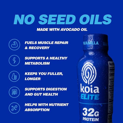 Koia Elite Plant Based Protein Shake, Vanilla, 32g Protein, 4g Sugar, 6g Prebiotic Fiber, Pre & Post Workout Nutritional Drink, No Seed Oils, Dairy-Free, Gluten-Free, Non-GMO, 12 Fl Oz (Pack of 12)
