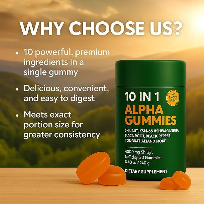 Alpha Gummies 10 in 1 for Men | 4000mg Himalayan Alpha Shilajit Gummies for Energy & Immune | 75% Fulvic Acid, 85+ Trace Minerals, Ashwagandha, Gokshura | No Added Sugar, Non-GMO, 60 Count (1)
